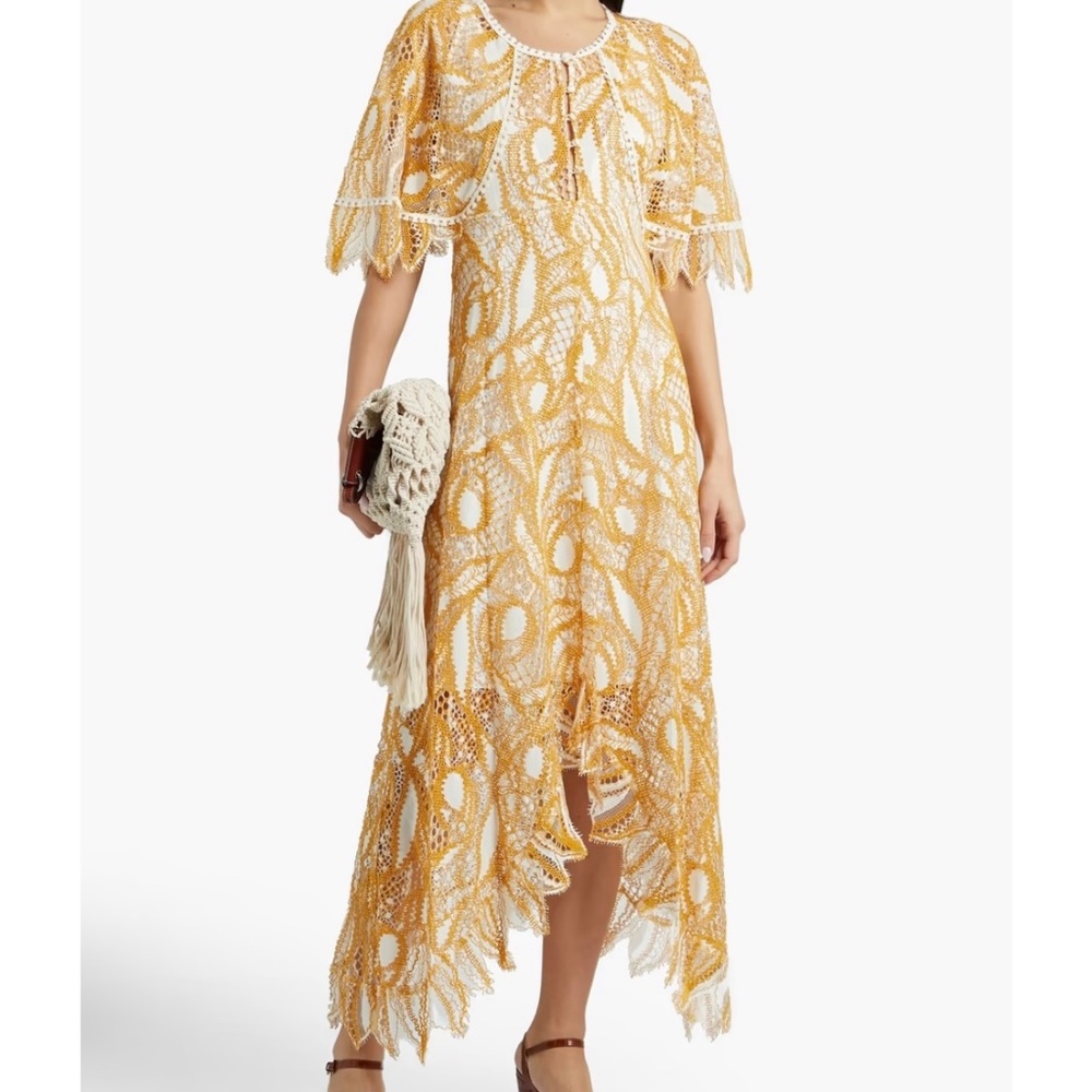 Alexis Diona asymmetric macramé lace midi dress